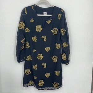 CAbi Black Sheer Long Sleeve Dress with Gold Floral Appliqué